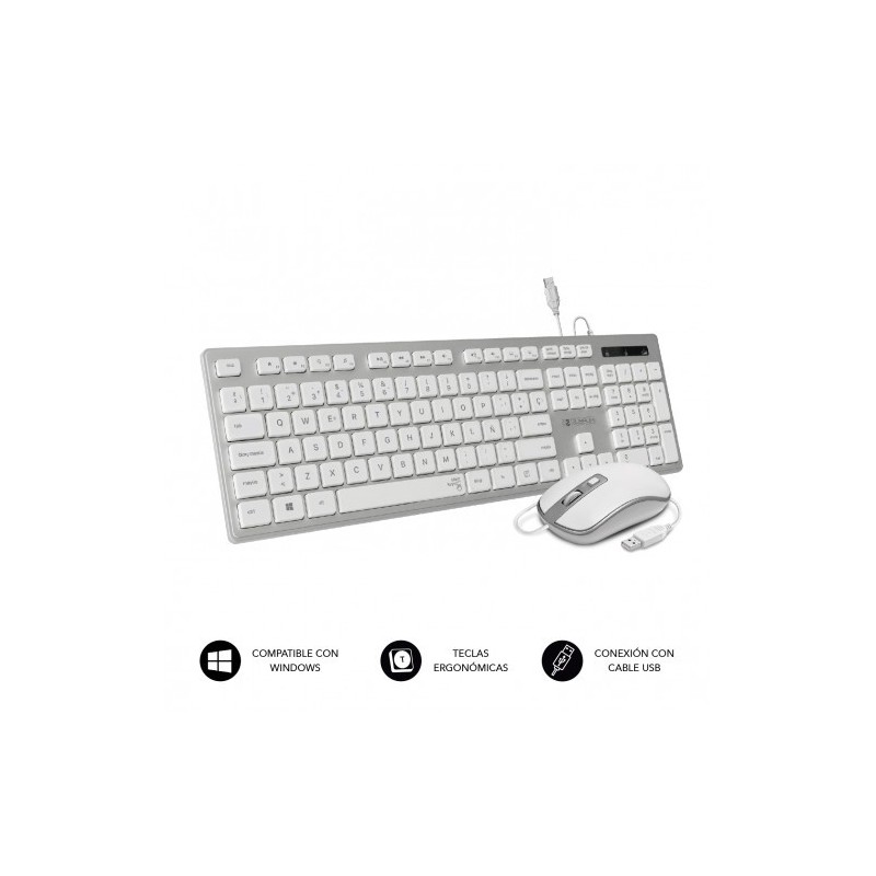 SUBBLIM Teclado Ergonómico y ratón con cable USB Plano Silencioso Plateado/Blanco Ergo