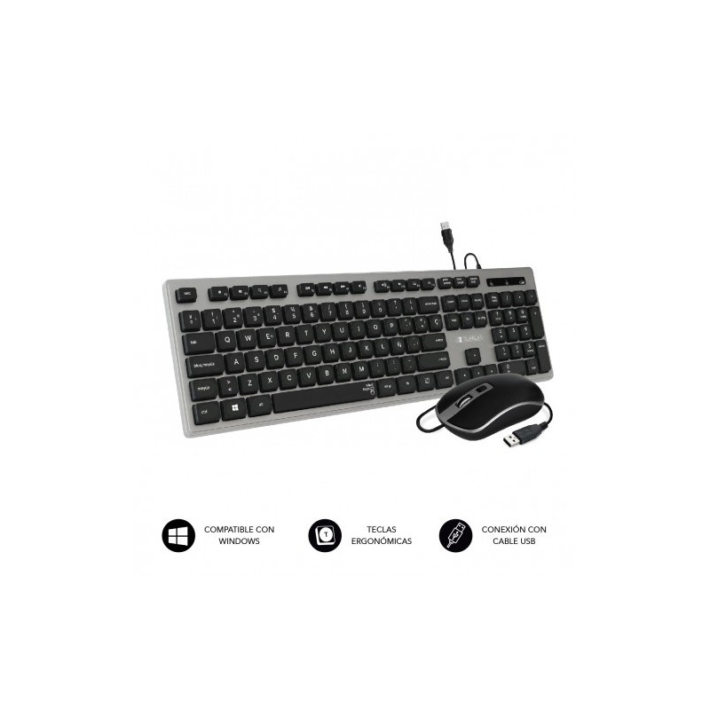 SUBBLIM Teclado Ergonómico y ratón con cable USB Plano Silencioso Gris/Negro Ergo