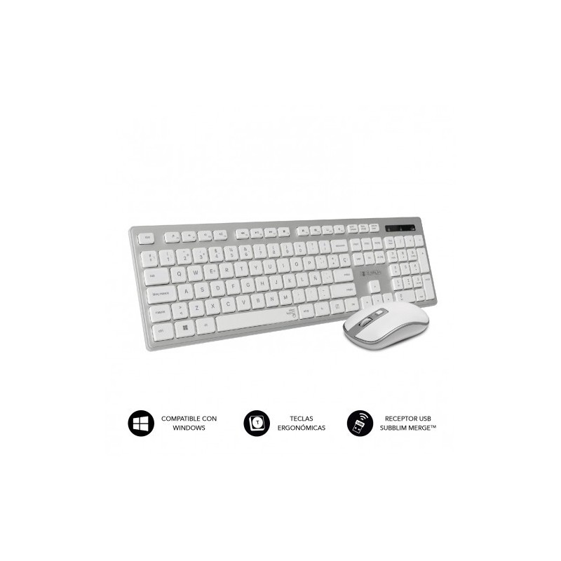 SUBBLIM Teclado Ergonómico y ratón inalámbricos Plano Silencioso Plateado/Blanco Ergo