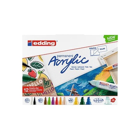 Edding Acrylic Negro, Azul, Verde, Azul claro, Verde claro, Rosa, Púrpura, Rojo, Blanco, Amarillo 12 pieza(s)