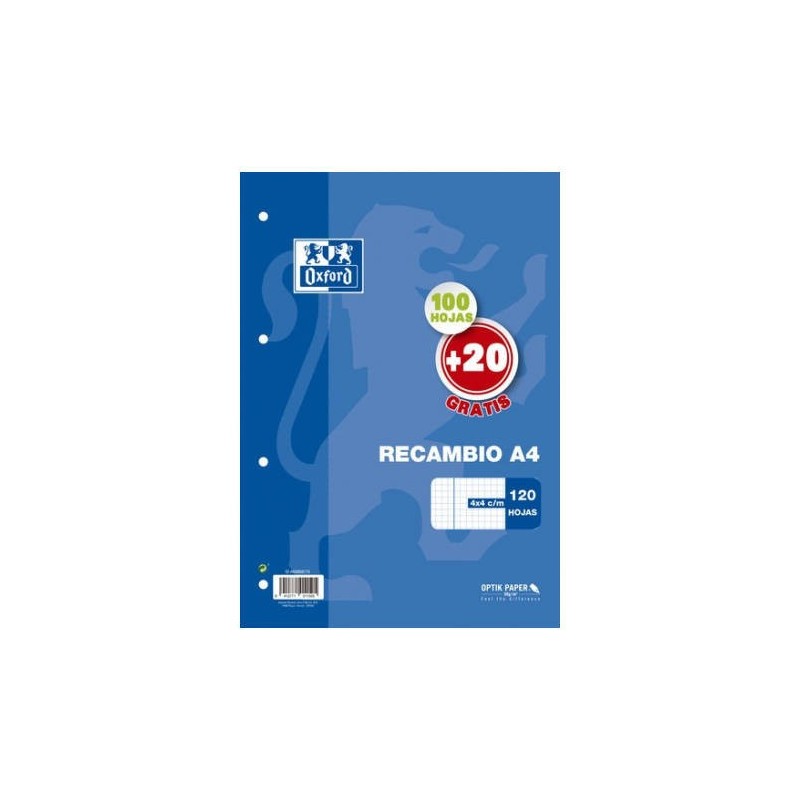 RECAMBIO TAPA BLANDA A4 100+20 HOJAS 4X4 COLOR AZUL OXFORD 400058179