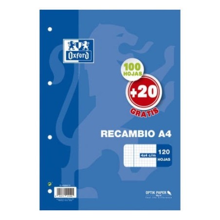 RECAMBIO TAPA BLANDA A4 100+20 HOJAS 4X4 COLOR AZUL OXFORD 400058179