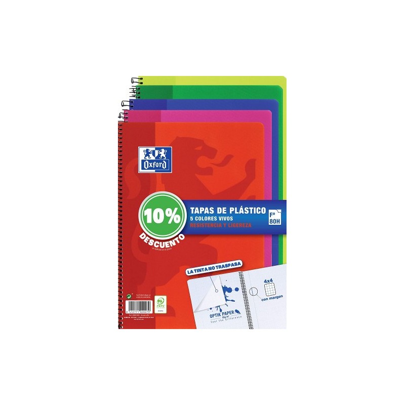 PACK 5 CUADERNOS TAPA PLÁSTICO Fº 80H.4X4 - COLORES VIVOS OXFORD 400091365