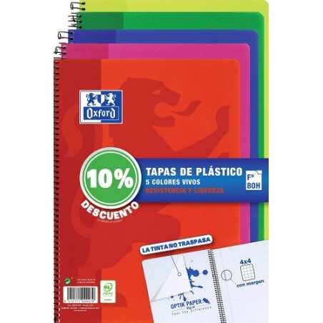 PACK 5 CUADERNOS TAPA PLÁSTICO Fº 80H.4X4 - COLORES VIVOS OXFORD 400091365
