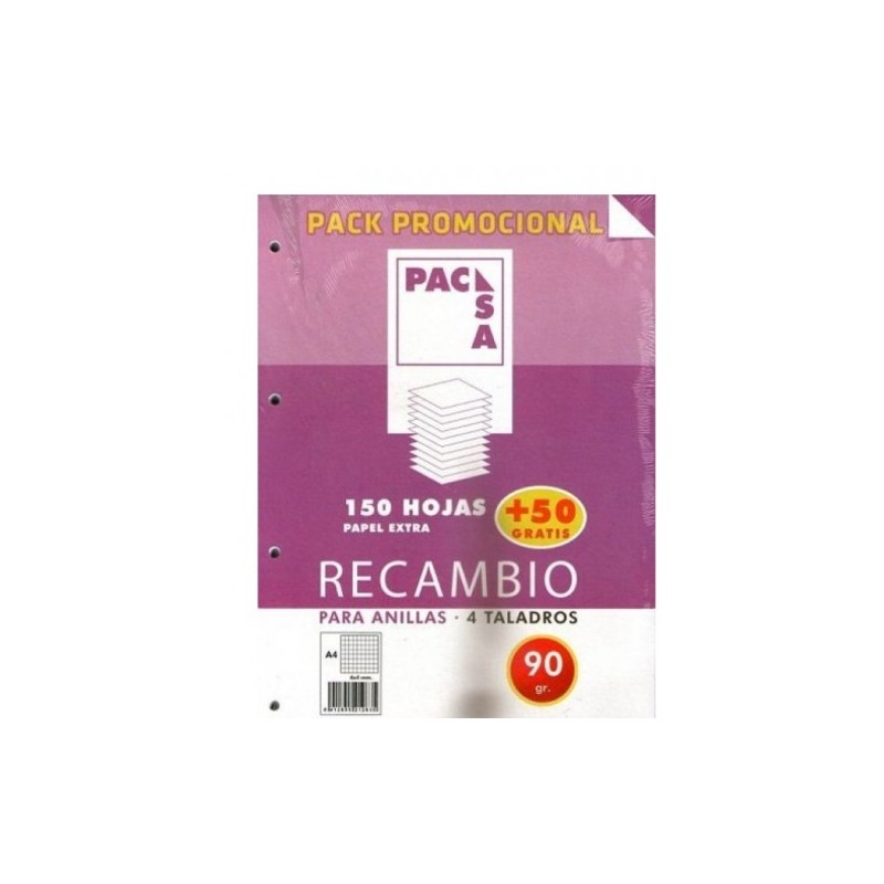 PACK RECAMBIO 90 GRS. 4 TALADROS . DIN A4 CUADRICULA 4X4 150 HOJAS + 50 GRATIS PACSA 21283
