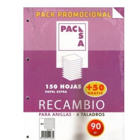 PACK RECAMBIO 90 GRS. 4 TALADROS . DIN A4 CUADRICULA 4X4 150 HOJAS + 50 GRATIS PACSA 21283