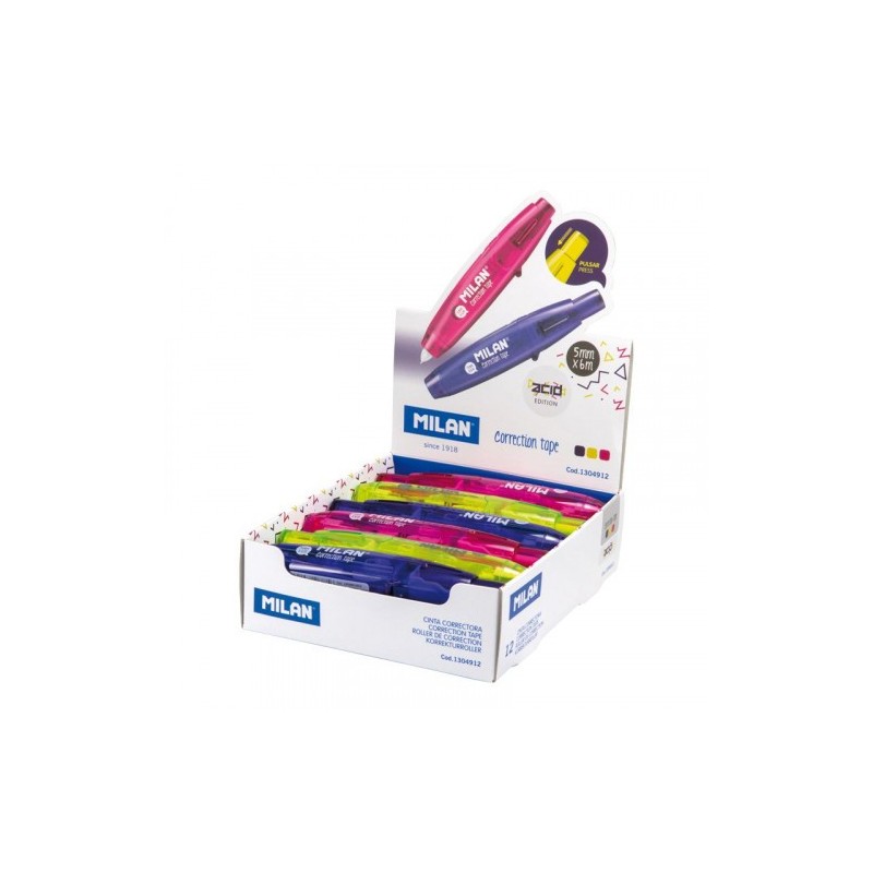CAJA EXPOSITORA 12 CINTAS CORRECTORAS CON PULSADOR 5 MM X 6