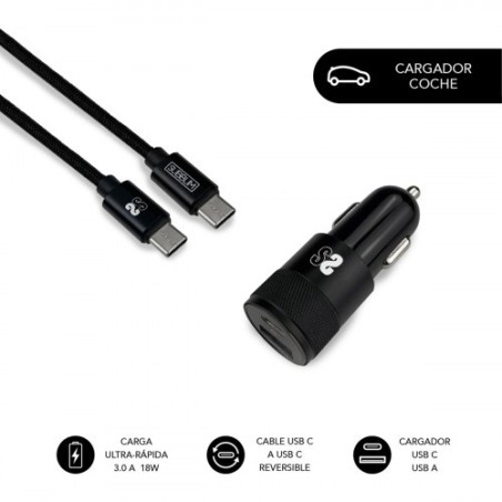 SUBBLIM Cargador Ultra Rapido Coche 2xUSB PD18W+QC3.0 + Cable C to C Black