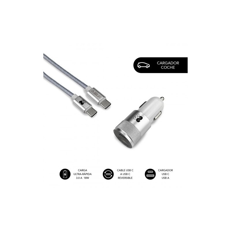 SUBBLIM Cargador Ultra Rapido Coche 2xUSB PD18W+QC3.0 + Cable C to C Silver