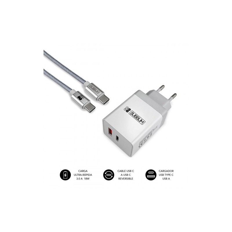 SUBBLIM CARGADOR ULTRA RAPIDO 2xUSB DE PARED PD18W+2.4A + Cable C to C Blanco