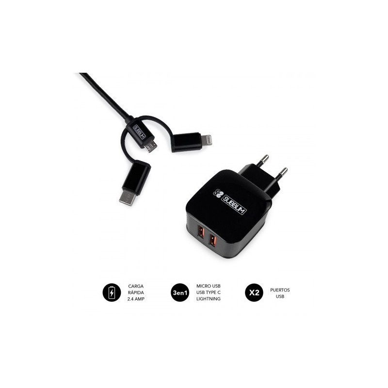 SUBBLIM CARGADOR USB DE VIAJE/PARED 2xUSB (2.4A) + CABLE 3EN1 BLACK Negro Interior