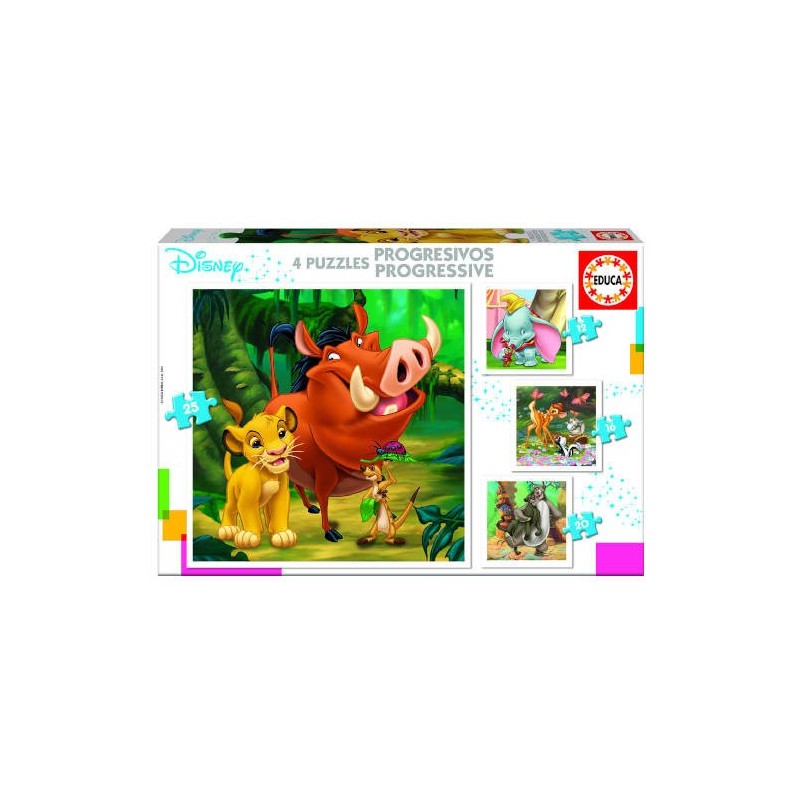 PUZZLE PROGRESIVOS DISNEY ANIMALS DUMBO+BAMBI+LION KING+JUNGLE BOOK DE 3-5 AÑOS EDUCA BORRAS 18104