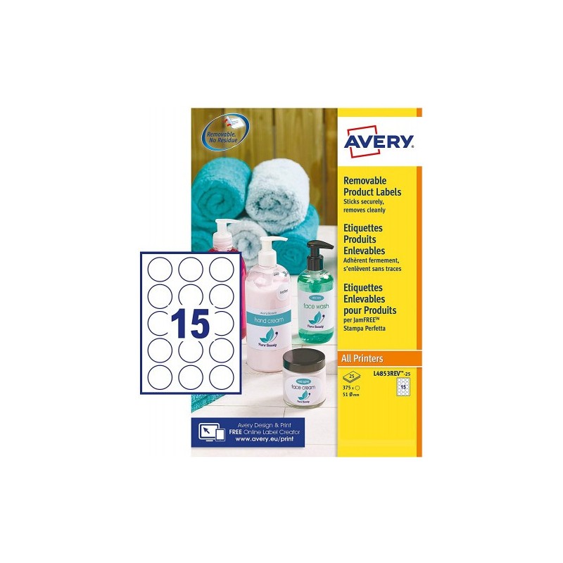 CAJA 250 ETIQUETAS BLANCAS RREMOVIBLES- MULTIUFUNCIÓN REDONDA 51MM - 15 ETIQUETAS POR HOJA AVERY L4853REV-25