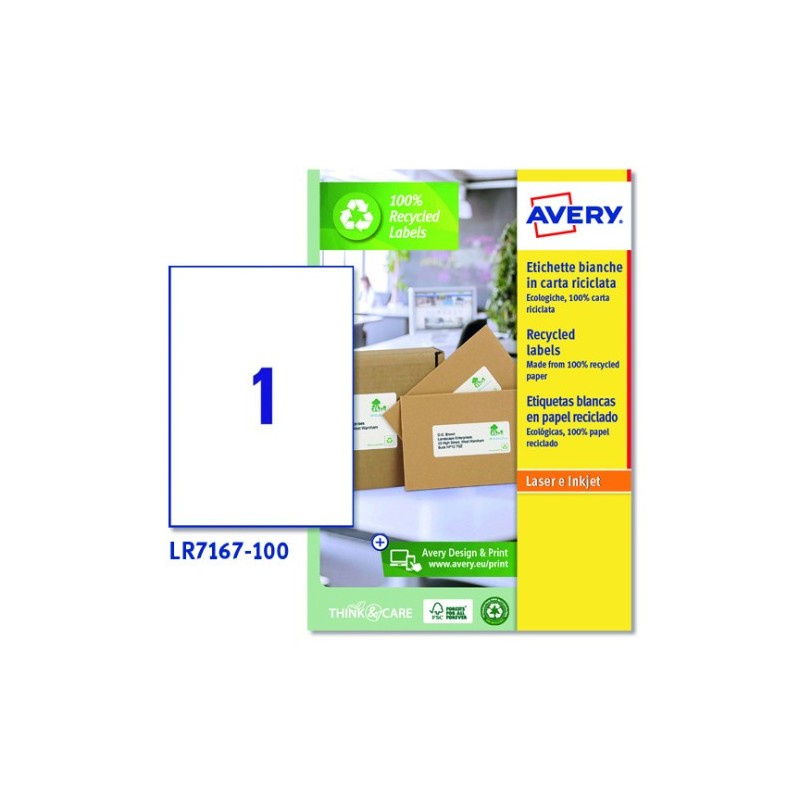 CAJA 100 ETIQUETAS BLANCAS RECICLADAS - QUICKPEEL - IMPRESORAS LÁSER 99,1X67,7MM - 1 ETIQUETA POR HOJA AVERY LR7167-100