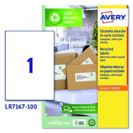 CAJA 100 ETIQUETAS BLANCAS RECICLADAS - QUICKPEEL - IMPRESORAS LÁSER 99,1X67,7MM - 1 ETIQUETA POR HOJA AVERY LR7167-100