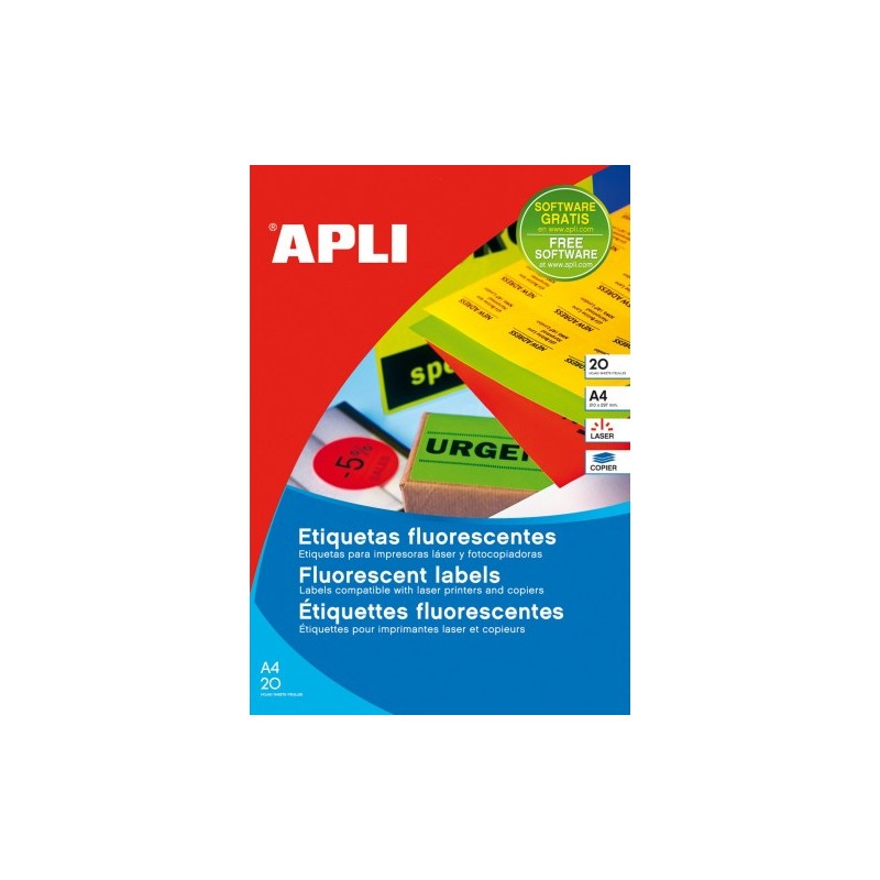 PACK 20 HOJAS (20UD.)ETIQUETAS VERDE FLUORESCENTE PERMANENTES 210,0 X 297,0 MM APLI 2881