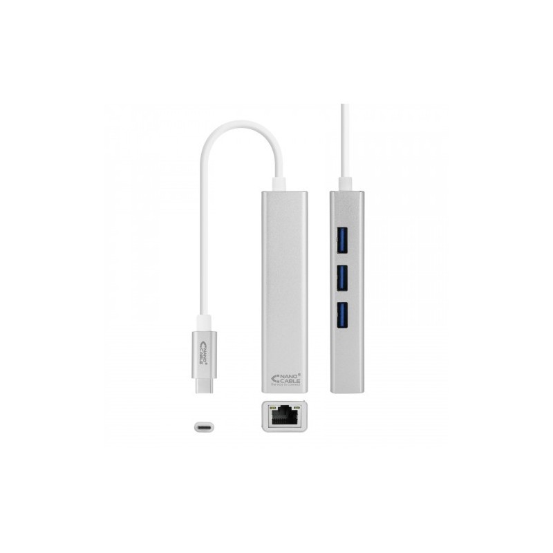 Nanocable Conversor USB-C a Ethernet Gigabit + 3xUSB 3.0, Plata, 15 cm