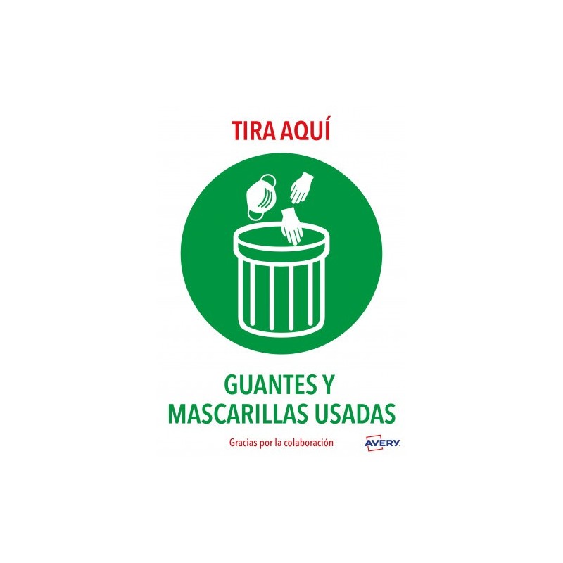 SEÑALES ADHESIVOS PREIMPRESO  "TIRA AQUÍ GUANTES Y MASCARILLAS USADAS" SOBRE DE 2 HOJAS EN A4 AVERY AV_KITCOVID7_ES