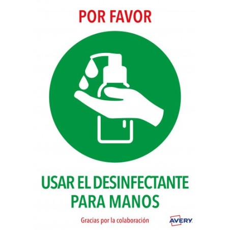 SEÑALES ADHESIVOS PREIMPRESO  "USAR DESINFECTANTE PARA LAS MANOS" SOBRE DE 2 HOJAS EN A4 AVERY AV_KITCOVID3_ES