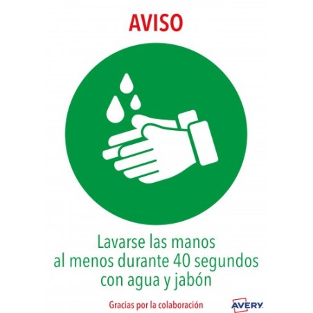 SEÑALES ADHESIVOS PREIMPRESO  "LAVARSE LAS MANOS" SOBRE DE 2 HOJAS EN A4 AVERY AV_KITCOVID1_ES