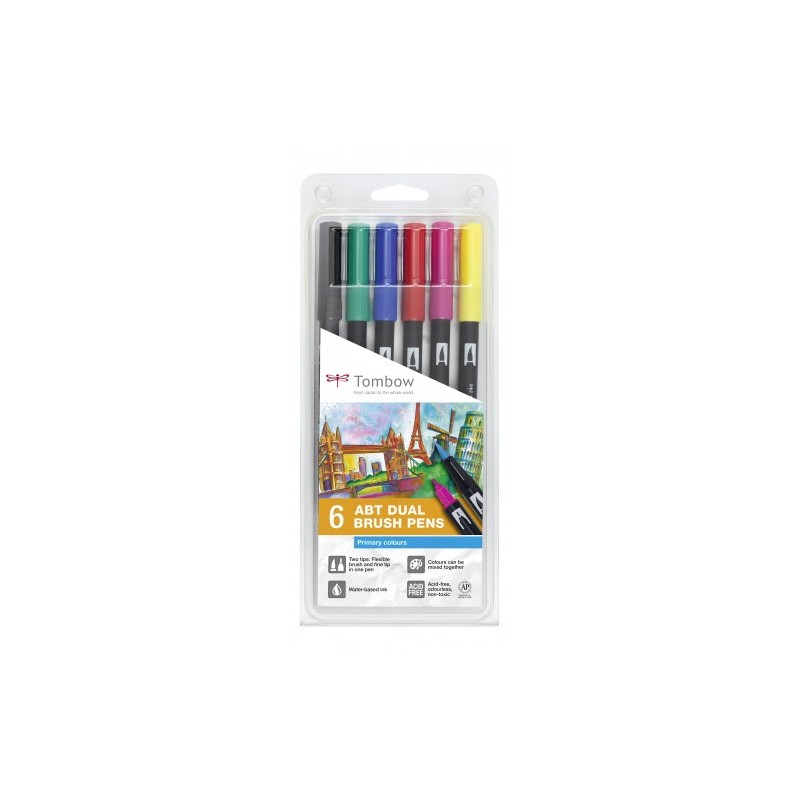ESTUCHE 6 ROTULADORES DOBLE PUNTA PINCEL COLORES PRIMARIOS TOMBOW ABT-6P-1