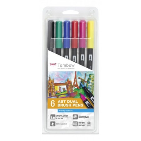 ESTUCHE 6 ROTULADORES DOBLE PUNTA PINCEL COLORES PRIMARIOS TOMBOW ABT-6P-1
