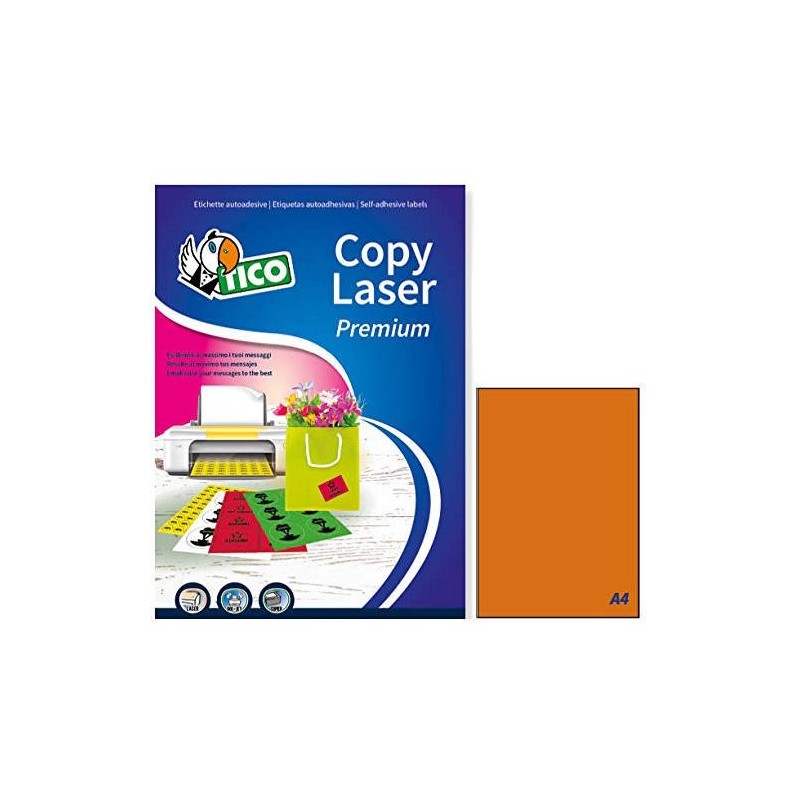 CAJA 70 HOJAS ETIQUETAS NARANJA FLUORESCENTE SIN MÁRGENES-LÁSER/INYECCIÓN DE TINTA/FOTOCOPIADORAS-210X297 MM TICO LP4FA-210297