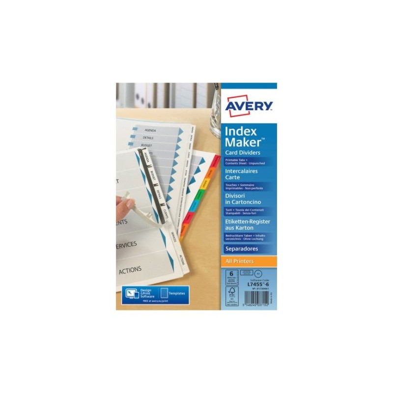 Avery 01730061 lengüeta de índice Separador en blanco con pestaña Cartón