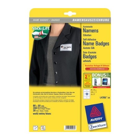 PAQUETE 20 HOJAS IDENTIFICATIVOS EN ACETADO DE SEDA-IMPRESORAS LÁSER/LÁSER DE COLOR-80X50 MM AVERY L4785-20