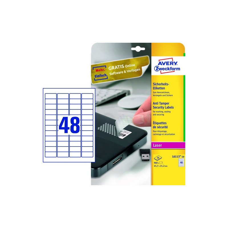 PAQUETE 20 HOJAS ETIQUETAS BLANCAS ANTI-MANIPULACIÓN-IMPRESORAS LÁSER-45,7X21,2 MM AVERY L6113-20