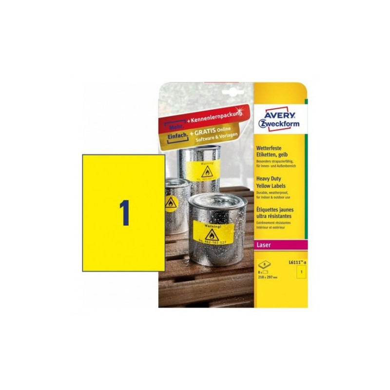 PAQUETE 8 HOJAS ETIQUETAS AMARILLAS DE POLIÉSTER-IMPRESORAS LÁSER-210 X 297 MM AVERY L6111-8