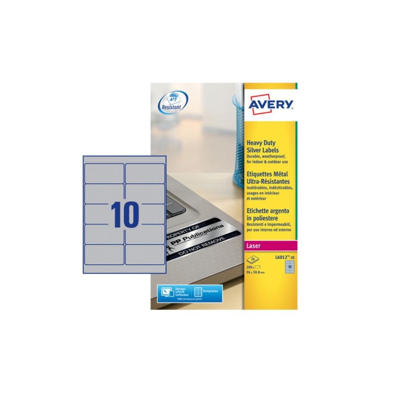 PAQUETE 20 HOJAS ETIQUETAS PLATEADAS DE POLIÉSTER-IMPRESORAS LÁSER-96X50,8 MM AVERY L6012-20