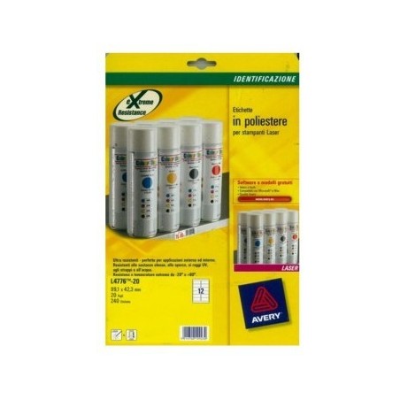 PAQUETE 20 HOJAS ETIQUETAS DE POLIÉSTER BLANCO-IMPRESORAS LÁSER-99,1X42,3 MM AVERY L4776-20