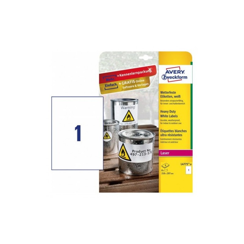 PAQUETE 8 HOJAS ETIQUETAS DE POLIÉSTER BLANCO-IMPRESORAS LÁSER-210X297 MM AVERY L4775-8