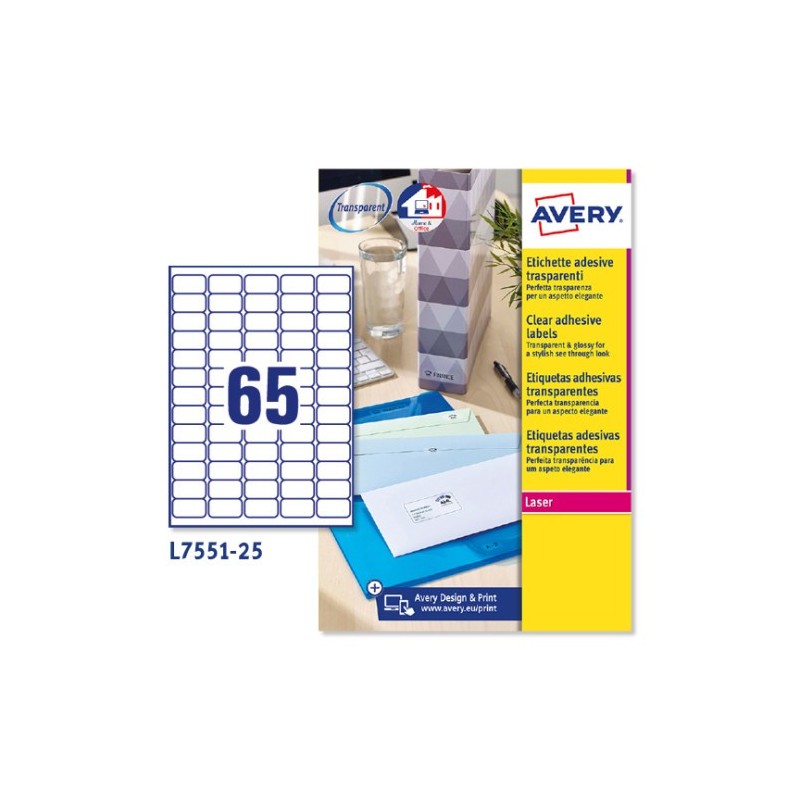 PAQUETE 25 HOJAS MINI ETIQUETAS TRANSPARENTES-IMPRESORAS LÁSER-38,1X21,2 MM AVERY L7551-25