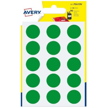 PAQUETE 6 HOJAS ETIQUETAS REDONDAS GOMETS VERDES 19MM DIAMETRO AVERY PSA19V