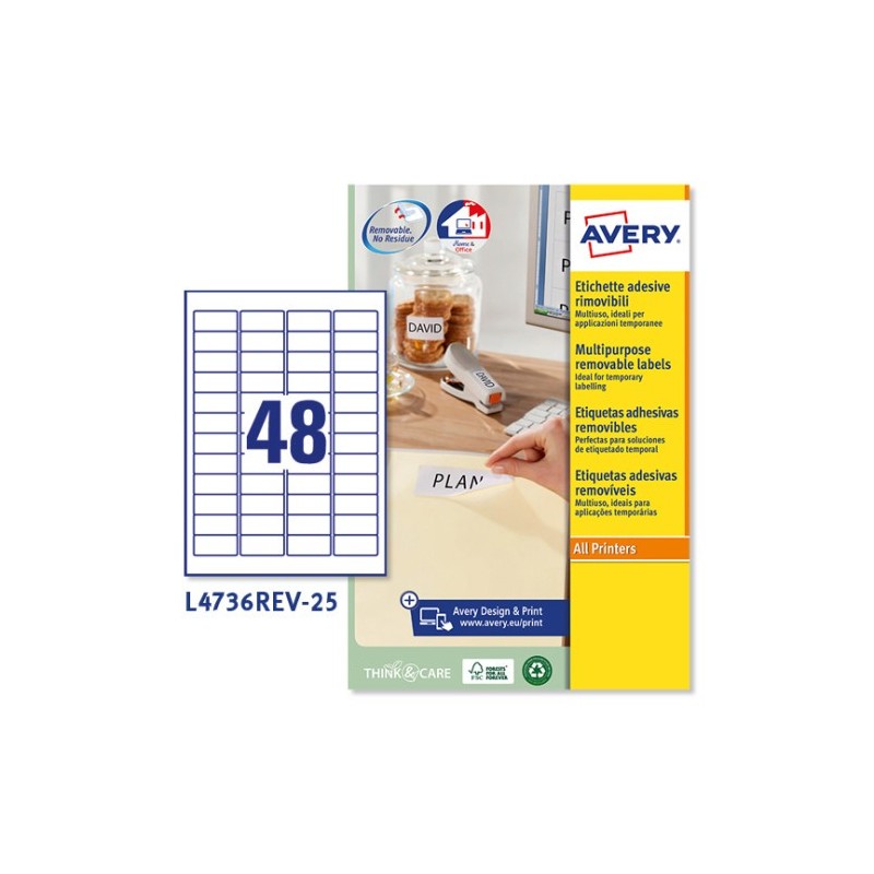 PAQUETE 25 HOJAS ETIQUETAS DESPEGABLES ECOLÓGICAS, CERTIFICADAS FSC-IMPRESORAS LÁSER-45,7X21,2 MM AVERY L4736REV-25
