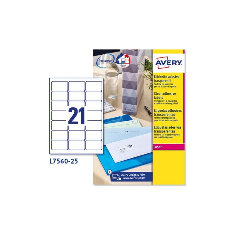 PAQUETE 25 HOJAS ETIQUETAS TRANSPARENTES QUICKPEEL-IMPRESORAS LÁSER-63,5X38,1 MM AVERY L7560-25