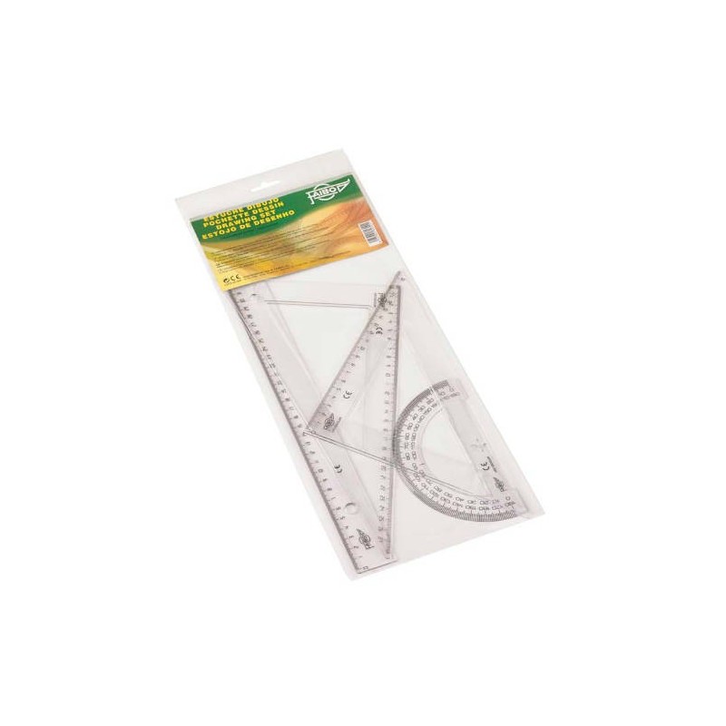 ESTUCHE CON REGLA / ESCUADRA / CARTABON Y SEMICIRCULO 25 CM. PLASTICO FAIBO 804