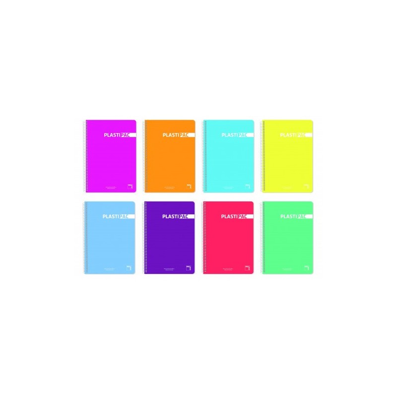 CUADERNO SERIE PLASTIPAC 90 GRS. TAPA POLIPROPILENO FOLIO (215X310MM.) 80 HOJAS HORIZONTAL CON MARGEN 8 COLORES SURTIDOS PACSA 16407