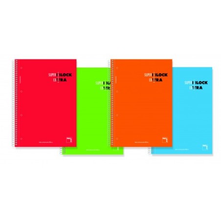 CUADERNO ESPIRAL SERIE SUPERBLOCK EXTRA TAPA DURA 90 GRS. A-4 (210X297MM.) MICROPERFORADO 120 HOJAS CUADRÍCULA 5X5 + GRECA SURTIDO PACSA 16366