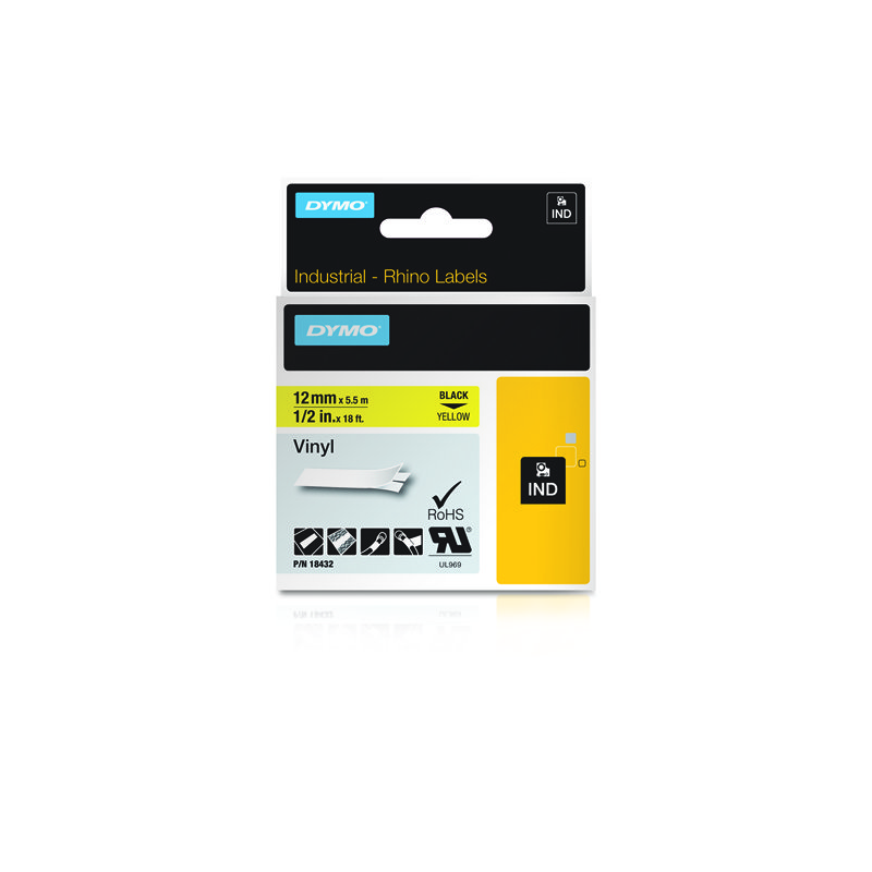 CINTA ROTULADORA RHINOPRO VINILO 12MMX5.5M NEGRO/AMARILLO DYMO 18432