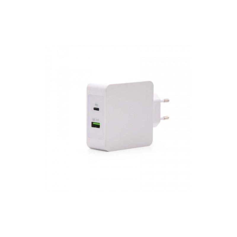 TooQ Cargador de Pared doble puerto USB-C PD + USB A QC3.0, 48W