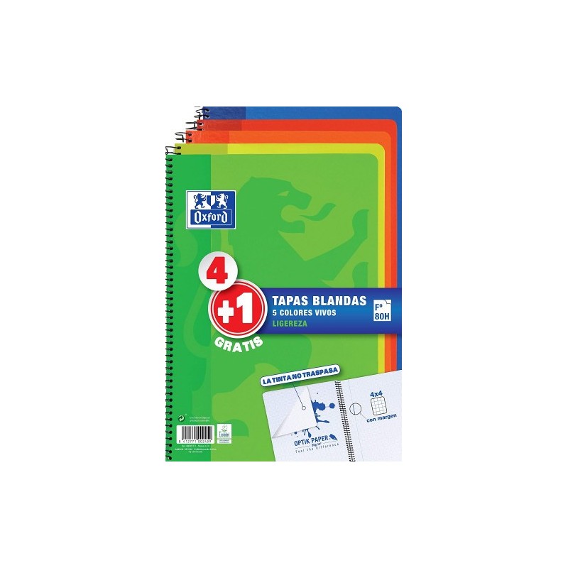 PACK 4+1 CUADERNO ESPIRAL TAPA BLANDA FOLIO 80 HOJAS 4X4 CON MARGEN COLORES VIVOS OXFORD 400027271