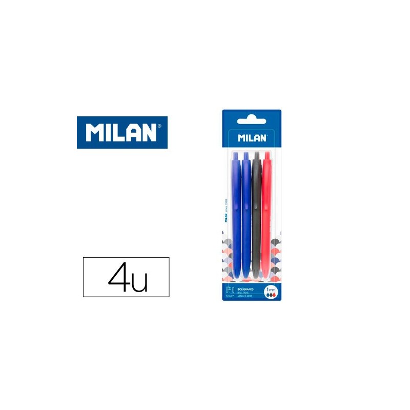 BLÍSTER 4 BOLÍGRAFOS P1 TOUCH (2 AZUL, NEGRO Y ROJO) MILAN BWM10254